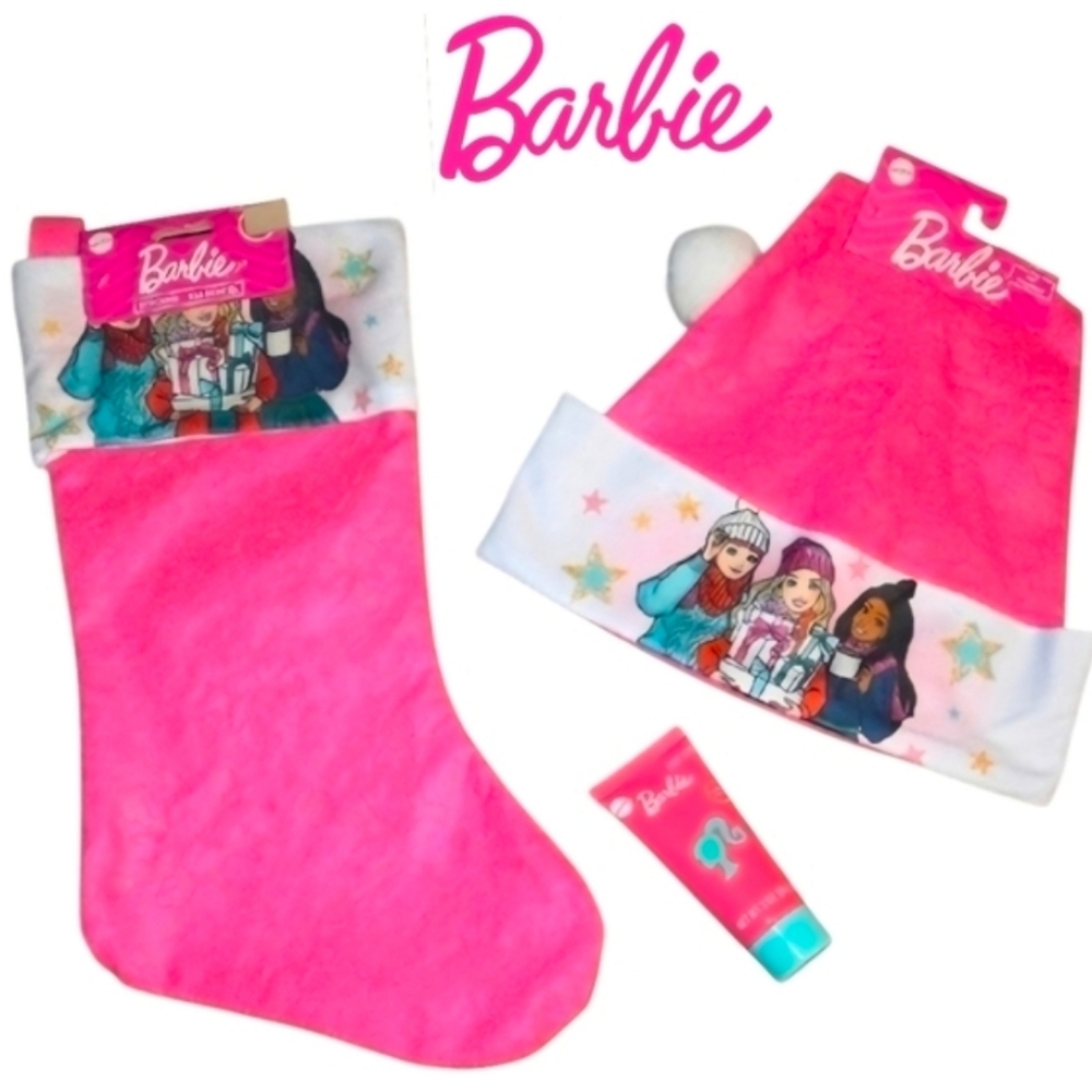 NEW Barbie Pink Festive Hat, Holiday Stocking & Body Scrub Gift Bundle